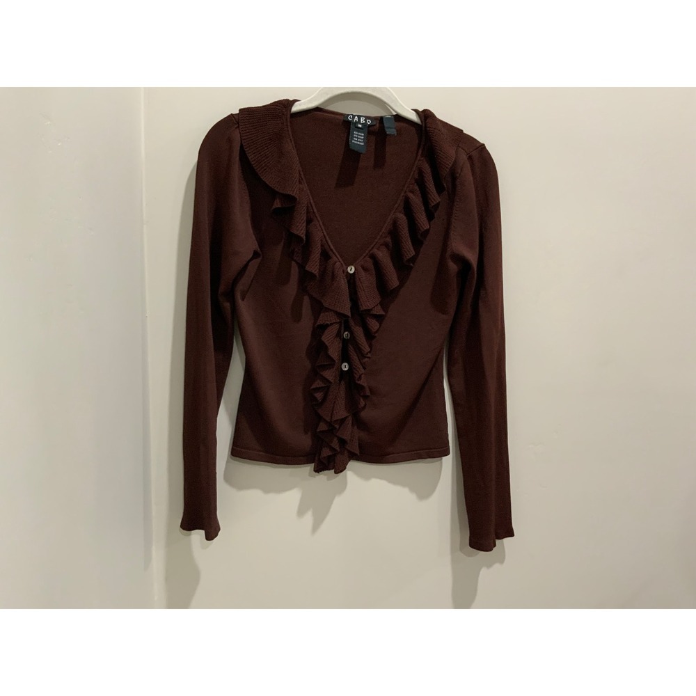 Cabo Brown chocolate Ruffle Cardigan Button Front Long Sleeve Women's M